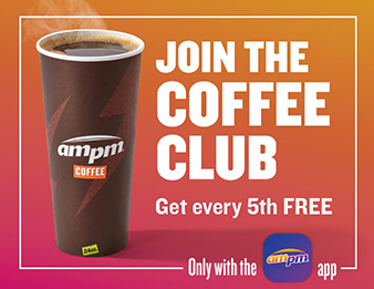 AMPM large coffee cup. Join the Coffee Club. Get every fifth coffee free. Only with the AMPM app.​