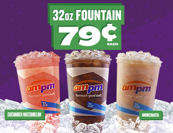 Experience the flavor-verse, Three thirty two ounce fountain drinks, including a Horchata and a Cucumber Watermelon, are in a mound of ice cubes. Thirty two ounce fountain drink for seventy nine cents.