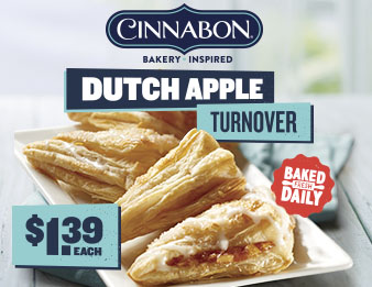 Stop, drop, and turnover, Four flakey Cinnabon® Dutch Apple Turnovers sit next to each other on a serving plate. Baked fresh daily. One dollar and thirty nine cents each.
