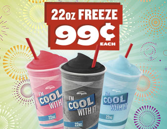 Freeze up, chill out., A pink, a blue, and a black Freeze are in front of a bright background. Twenty two ounce Freeze for ninety nine cents each.