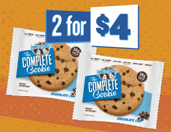 Cookies that donut make you feel bad, Two packages of Lenny and Larry’s cookies float on an orange patterned background. Two for four dollars.