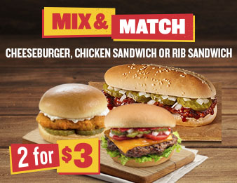 Create your own dynamic duo, An image of three sandwiches on wood plates. The text reads: Mix and match Cheeseburger, Chicken Sandwich, or Rib Sandwich. Two for three dollars.