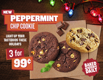 Peppermint to Be, Image of three deliciously chewy peppermint chip cookies.