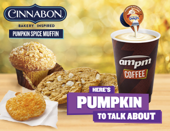 Pumpkin Spice Is Oh-So-Nice, Image of pumpkin-flavored products, including, from left to right, pumpkin-shaped cookie, Cinnabon Pumpkin Spice Muffin, pumpkin cookies, and a m p m coffee with Pumpkin Spice creamer.