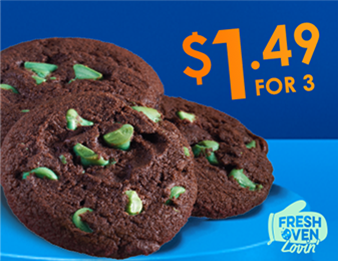 Three Double Chocolate Chip Mint Cookies. 3 for $1.49.