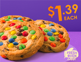 <span class="sr-only">Three Jumbo M&M'S® Chocolate Chunk Cookies. $1 39 cents each.</span> <span aria-hidden="true">Three Jumbo M&M'S® Chocolate Chunk Cookies. $1.39 each.</span>