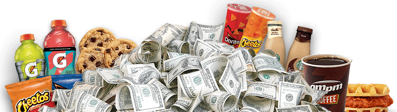 Too Much Giving Season gift logo with group of AMPM products, including a Chicken Waffle Sandwich, cookies, chips, two Gatorade bottles, iced coffee and hot coffee, all in front of a large pile of cash.