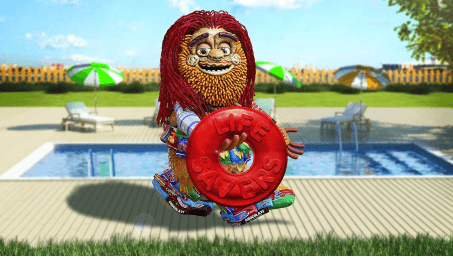 Image of Toomgis carrying a large lifesaver candy in front of a pool.