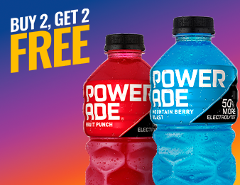 A bottle of Fruit Punch Powerade and a bottle of Mountain Berry Blast Powerade